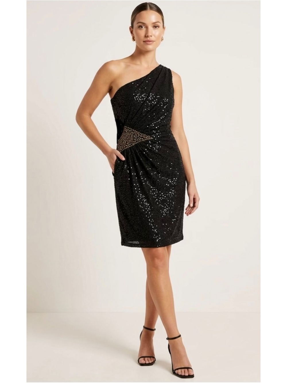 NEW JACKIE JON NEW YORK ONE SHOULDER EMBELLISHED DRESS Black Size 14